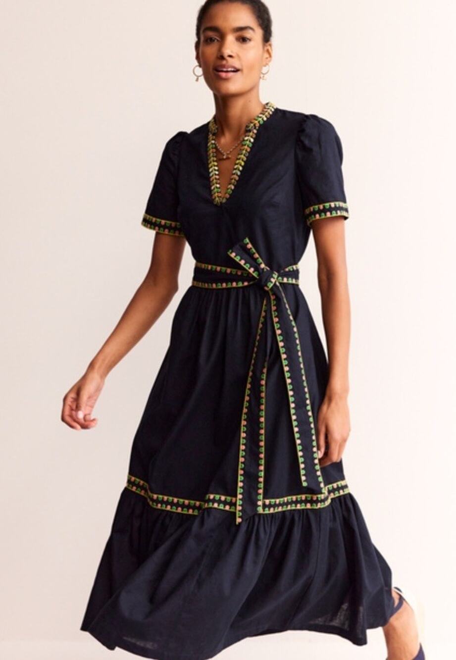 Boden NWT SZ 20-22R Linen Midi Dress Embroidered blue tie waist Tiered Skirt